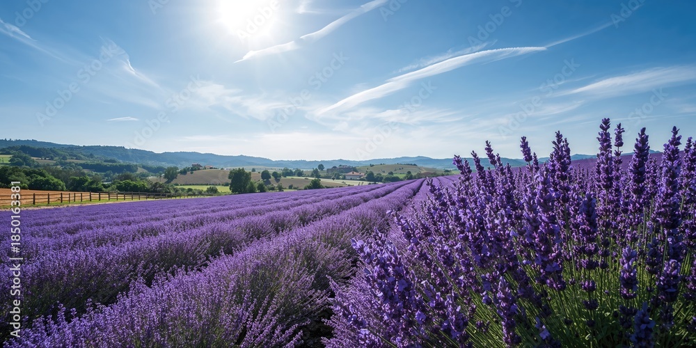 Obraz premium Lavender fields in full bloom under bright sunlight, suitable for background use and layout design