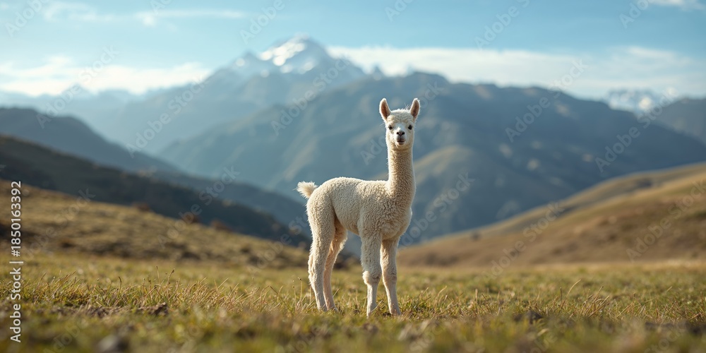Obraz premium Llama resting on rugged landscape in Bolivia, emphasizing animal resilience
