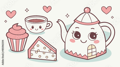 Cute Kawaii Teapot House and Sweet Treats Illustration for Children's Tea Party Invitations Bakery Marketing and Web Design
