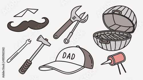 Father's Day Doodles for Dad: Tools, BBQ Grill, Cap, Mustache. Ideal for Gifting, Promotions, and Men's Lifestyle Marketing.