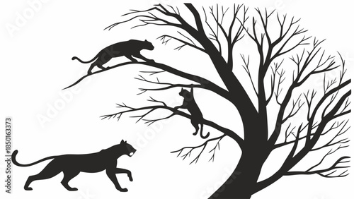 Dynamic Black Panther Silhouettes Climbing Tree and Prowling Wildlife Illustration for Nature Education and Adventure Themes