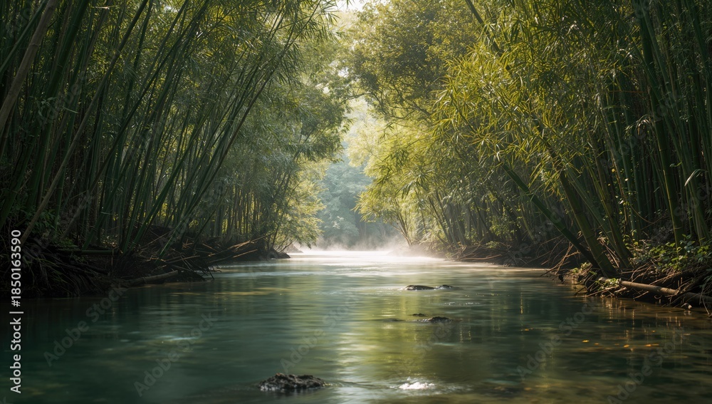 Obraz premium Bamboo trees alongside a river in a lush tropical forest, highlighting erosion concerns, Earth Day