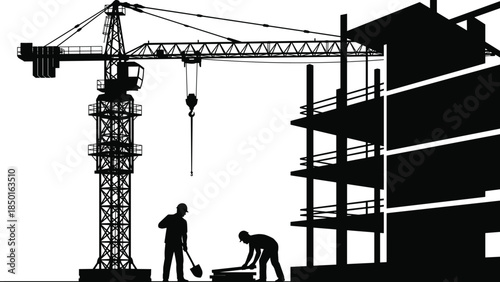 Building construction site silhouette scene, tower crane, workers, unfinished structure, urban development, engineering process, heavy machinery, industrial construction, vector illustration