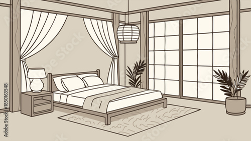 Serene Japanese Bedroom Interior Design with Shoji Screens for Hotel Hospitality and Home Relaxation