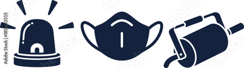 Dark blue siren mask and fire extinguisher icons on white background emergency warning