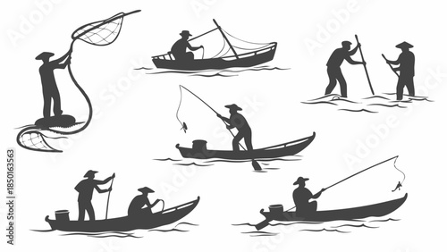 Traditional Fishermen Silhouettes Fishing with Rods, Nets, and Poles from Boats and Wading. Anglers for Outdoor Recreation, Travel, and Seafood Industry.