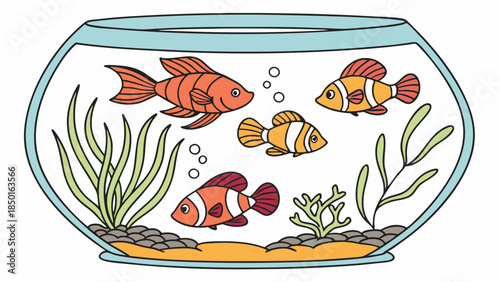 Vibrant Colorful Fish Swimming in a Glass Fishbowl with Green Plants. Peaceful Aquatic Pet Illustration for Kids Learning and Home Decor.