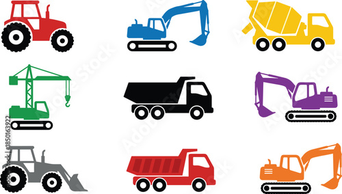 Colorful construction vehicle icons set, excavator crane tractor dump truck mixer, heavy machinery illustrations, industrial transport symbols, isolated white background