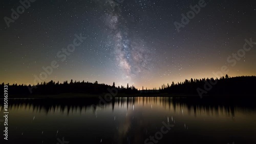 Stunning night sky with the Milky Way reflected in a calm lake surrounded by silhouettes of trees. A serene view for stargazing and nature appreciation