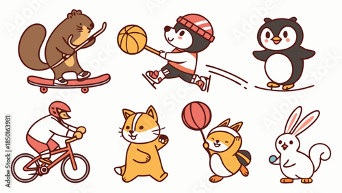 Cute Cartoon Animals Playing Sports. Happy Characters Exercising for Kids Education, Healthy Lifestyle, and Fun Web Design Elements. Vector Illustration.