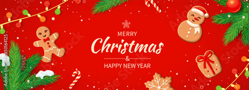 Christmas banner template with gingerbread man, snowflake, snowman, deer, christmas tree, house cookies. Winter holidays.