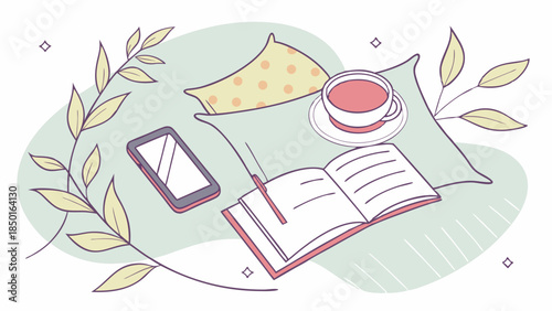 Cozy Home Self Care Moment Journal Reading Tea Phone Pillows For Relaxation Wellness Digital Detox