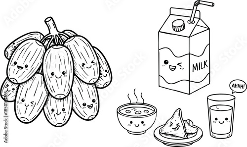 Cute black and white doodle illustration of Ramadan food such as dates, milk, and samosa with kawaii faces. Fun hand-drawn style for festive design and greeting projects.