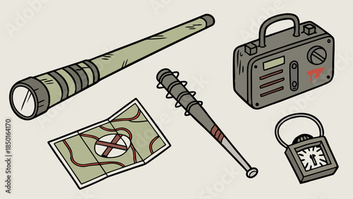 Adventure Exploration Gear: Map, Spyglass, Spiked Bat, Radio, Padlock. Mystery, Survival, Treasure Hunt, Discovery, Challenge.