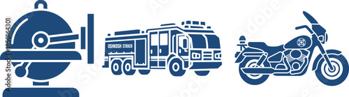 Emergency Vehicle and Equipment Icons Including Grinder Fire Truck and Motorcycle cutting tool