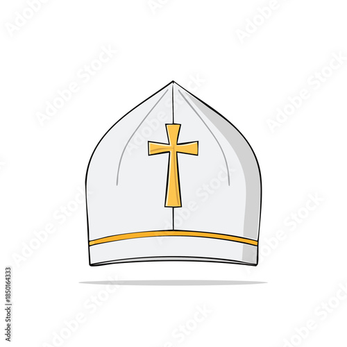 Illustrated White Mitre Hat with Gold Cross, Christian Religious Symbol, Catholic Clergy Headwear