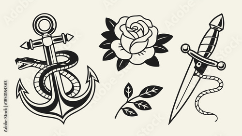 Bold Vintage Traditional Tattoo Style Vector Illustrations Set with Anchor Snake Rose Dagger Leaves for Apparel Merchandise Branding
