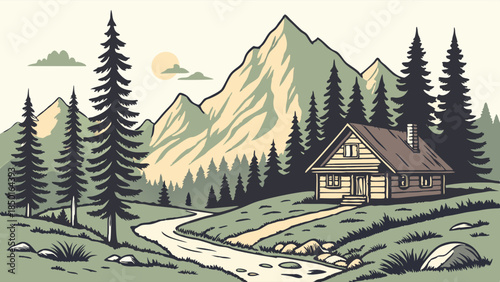 Scenic Mountain Cabin Vector Illustration. Rustic Log House by Winding River and Pine Forest for Nature Travel and Outdoor Adventure