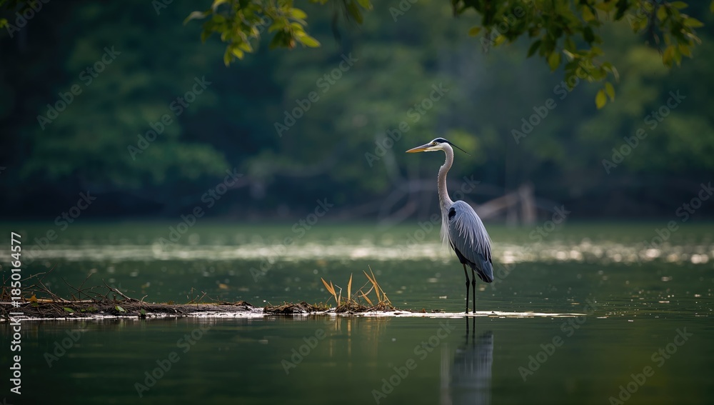 Fototapeta premium Great Blue Heron perched near water, focusing on bird behavior and aquatic ecosystem, World Bird Day