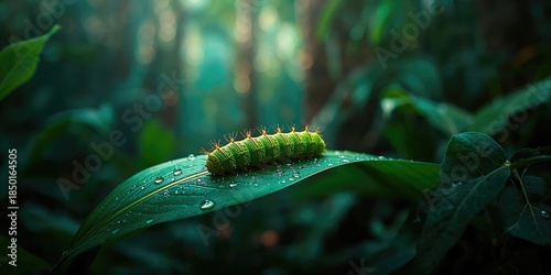Close-up of a green Limacodidae caterpillar on broad tropical foliage, highlighting insect development