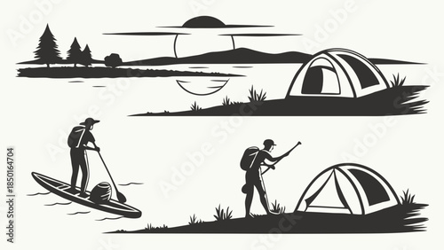 Monochrome Outdoor Adventure Silhouettes, Camping, Paddleboarding, Hiking for Travel, Tourism, Nature Lifestyle Marketing and Web Design