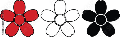 simple flower design in red outline and filled black white and red variations flat style five petals center circle