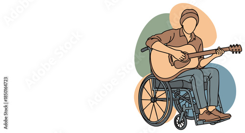 Hipster Man in Beanie and Wheelchair Playing Acoustic Guitar Vector Art