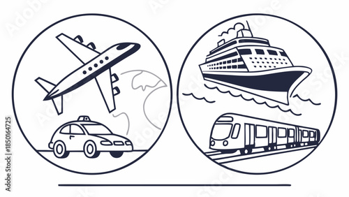 Travel and Transportation Icons Airplane Taxi Cruise Ship Train for Global Journeys Logistics Tourism and Commuting Services Efficient Mobility