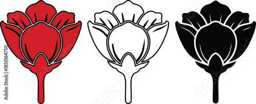 stylized flower in red outline and filled black white and red variations elegant botanical design delicate petals ornate stem