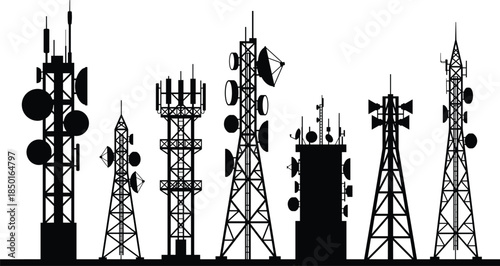 Communication tower silhouettes, antenna structures, satellite dishes, telecom infrastructure, wireless signal, broadcasting system, black and white illustration, network transmission towers