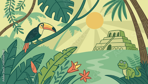 Exotic Tropical Jungle Illustration with Toucan, Ancient Mayan Pyramid, and Lush Wildlife for Travel, Education, and Web Design