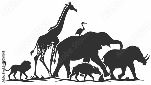 Majestic African Safari Animals Silhouettes Walking Lion Giraffe Elephant Rhino Warthog Wildlife Conservation Travel Education Nature Design Vector