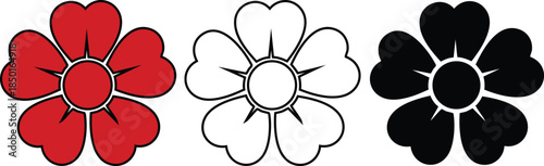 Three stylized flower designs featuring a red flower with spiky center, a black outline flower, and a solid black flower on a transparent background