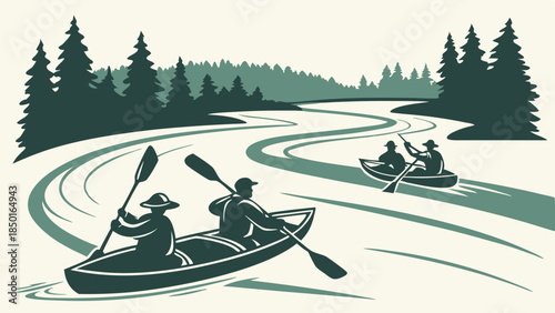Vintage Woodcut Style Graphic of People Kayaking and Canoeing on a Winding River Through a Forest for Outdoor Adventure and Travel Tourism