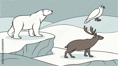 Arctic Animals Polar Bear Reindeer Snowy Owl In Icy Snowy Winter Landscape Wildlife Nature Education Climate Change Conservation