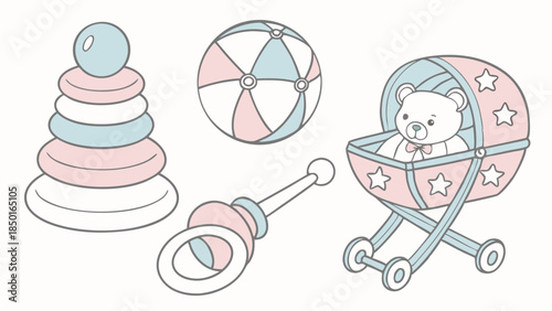 Cute Baby Toys and Accessories Set with Stacking Rings Rattle Ball and Teddy Bear Pram in Pastel Pink Blue Vector Illustration for Newborn Nursery and Shower Invitations