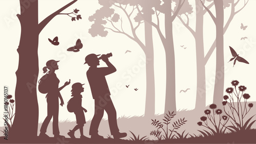 Family Hiking Birdwatching Forest Woods Silhouette Parents and Child Exploring Nature for Outdoor Education Healthy Lifestyle Travel