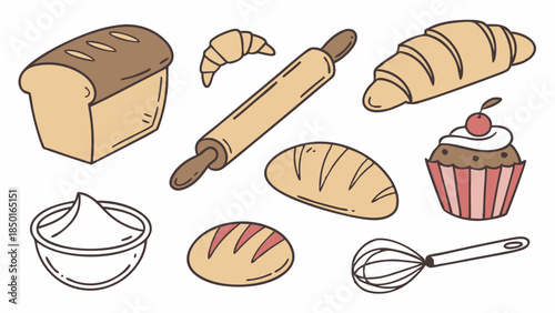 Hand Drawn Bakery Items and Baking Tools Vector Illustration. Fresh Homemade Bread Croissant Cupcake for Food Blog, Restaurant Menu, Recipe Website.