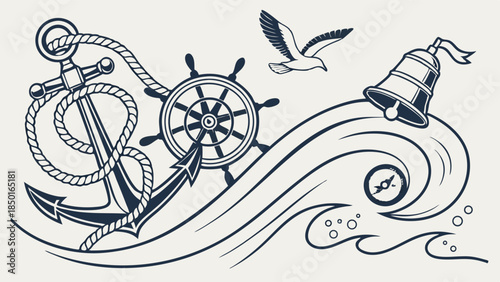 Nautical Marine Anchor Ship Wheel Bell Waves Seagull Compass Illustration for Ocean Travel Adventure and Coastal Decor