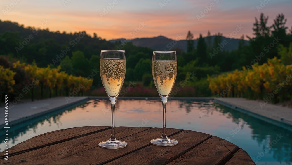 Fototapeta premium A pair of white wine glasses set next to a swimming pool at dusk, highlighting leisure atmosphere