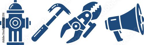 Fire Safety Icons Fire Hydrant Hammer Pliers Megaphone water source tool