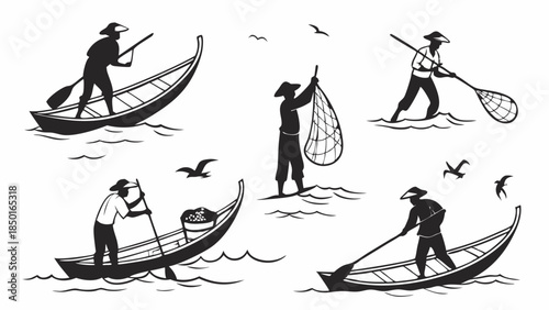 Traditional Fishermen Silhouettes in Boats Paddling Net Fishing Cultural Heritage Travel Lifestyle Design