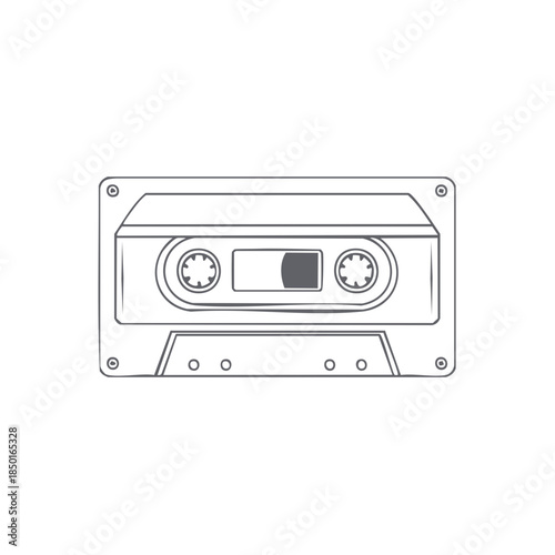 Retro Cassette Tape Illustration in Gray Outline for Nostalgic Design Elements and Music Technology Concepts