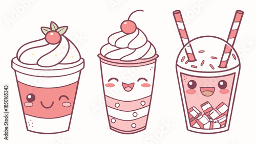 Cute Kawaii Pink Drinks Vector Illustration Happy Smiling Milkshakes Smoothies Sweet Dessert Cafe Menu Social Media Kids Party Web Design