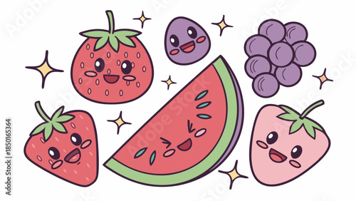 Smiling Kawaii Fruits Vector Illustration Set with Happy Strawberries Watermelon Grapes Blueberry for Kids Healthy Eating and Summer Design