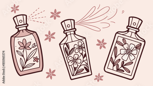 Hand Drawn Floral Perfume Bottles Spraying Fresh Scent. Elegant Feminine Beauty Product Illustration for Spring Cosmetic Marketing.