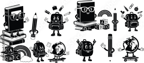 Cartoon school supplies characters set, including books, pencils, backpacks, and globe on skateboard for education