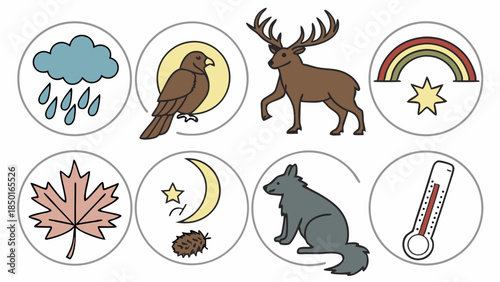 Flat Vector Nature Weather Wildlife Icons. Diverse Seasonal Elements and Climate Symbols for Educational Resources, Web Design, Mobile Apps.