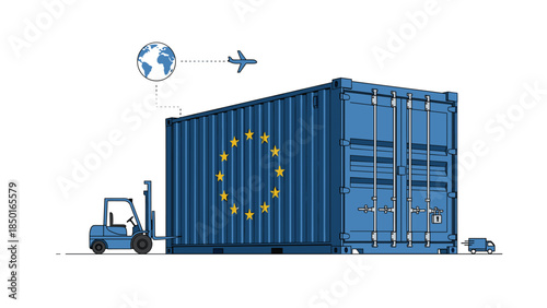 A large shipping container displays the european union flag, representing global trade and logistics networks.