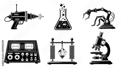 Science fiction and lab equipment vector collection with ray gun beaker robotic arm scientific device electromagnetic pendulum and microscope